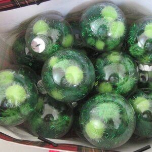 DARICE-29Pc.Green Glitter-2.5in Clear Ornaments-3 Bags (120) Tinsel Pom Poms New